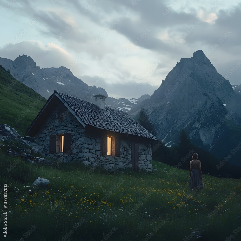 Obraz premium A woman stands in front of a traditional stone farmhouse nestled at the base of a dramatic rocky mountain range with contemporary cinematic lighting accentuating the scene