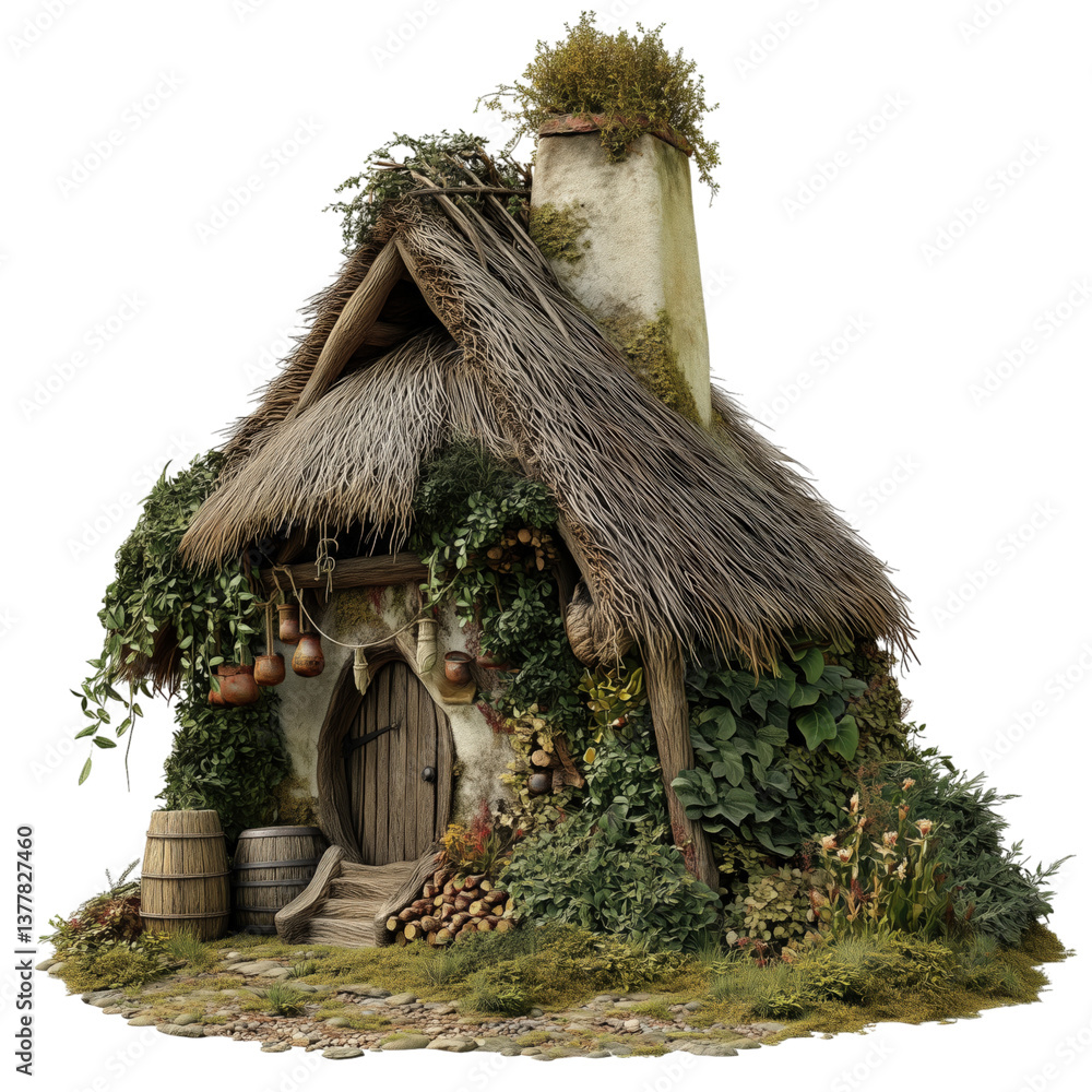 Rustic medieval alchemist’s hut with a thatched roof, wooden door, hanging herbs, and overgrown greenery