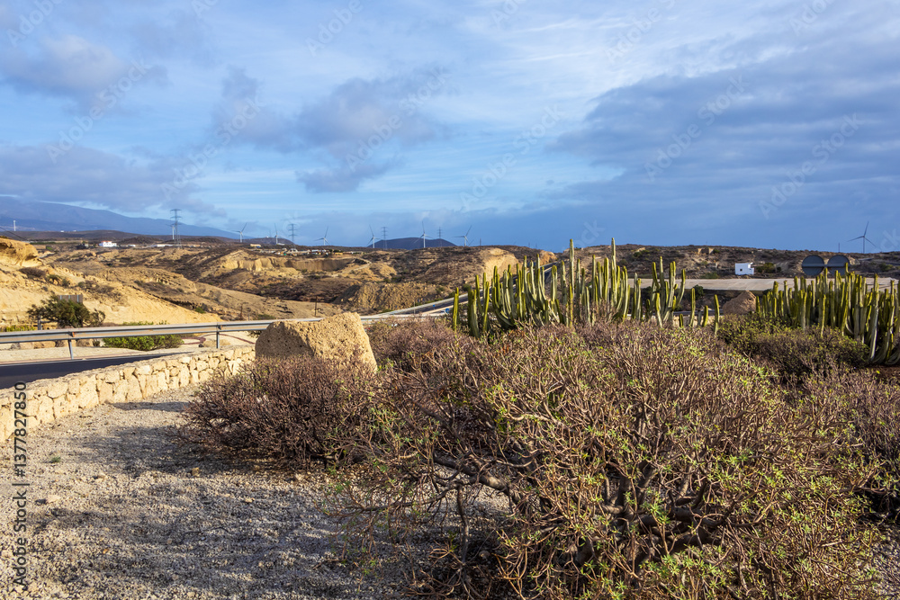 Landscape witn wind generators in sunny day in Tenerife, Santa Cruz de Tenerife, Spain