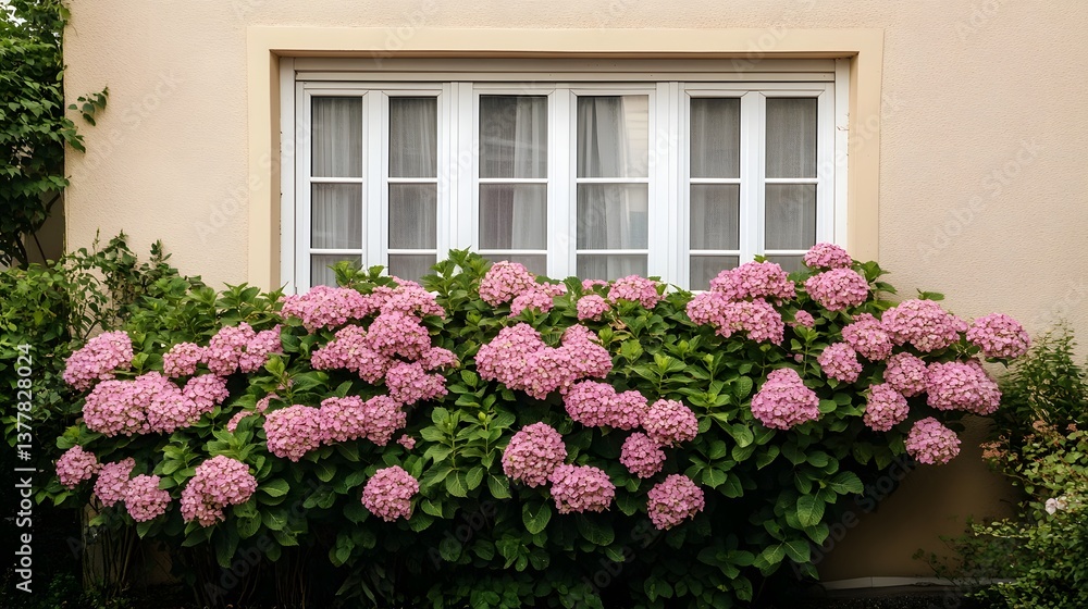 custom made wallpaper toronto digitalExterior of a cozy beige house with white a large lush bush of vibrant pink hydrangeas in full bloom highlighted by a contemporary cinematic lighting setup