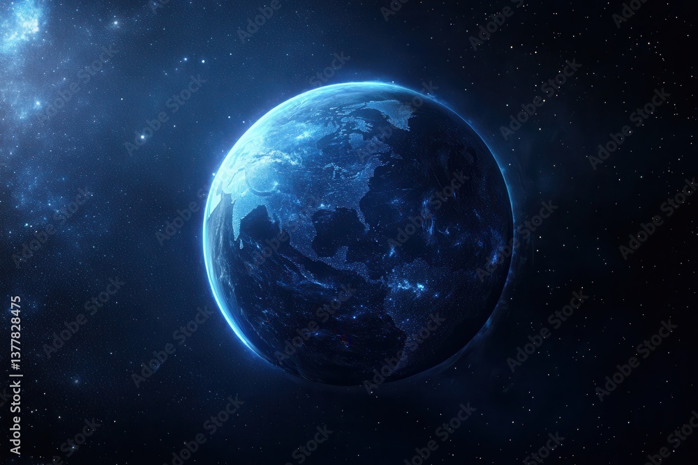 Obraz premium Dark Blue Earth View from Space with Dramatic Cinematic Lighting and Stars