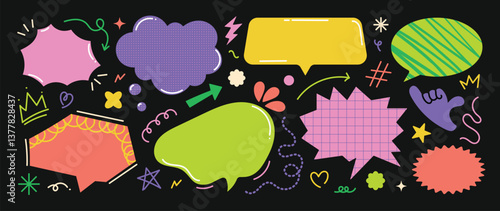 Set of doodle and speech bubble vector. Collection of contemporary figure, speech bubble, arrow, sparkle, crown. Chat design element perfect for banner, print, sticker, cartoon, comic.