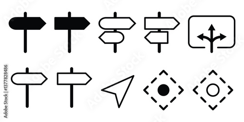 Wayfinding direction icon set. Arrow direction, containing three way, traffic board, navigation, compass, GPS, signpost, guide, send, pointer, intersection sign collection illustration.