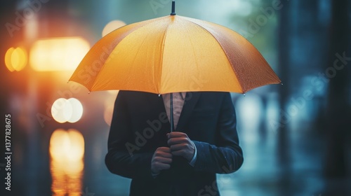 Wallpaper Mural Male in suit holding yellow umbrella in rainy urban setting at dusk Torontodigital.ca
