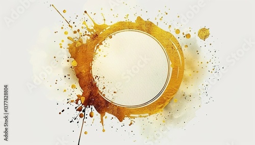 A golden circular splatter with an empty white circle in the center, in a golden color, watercolor