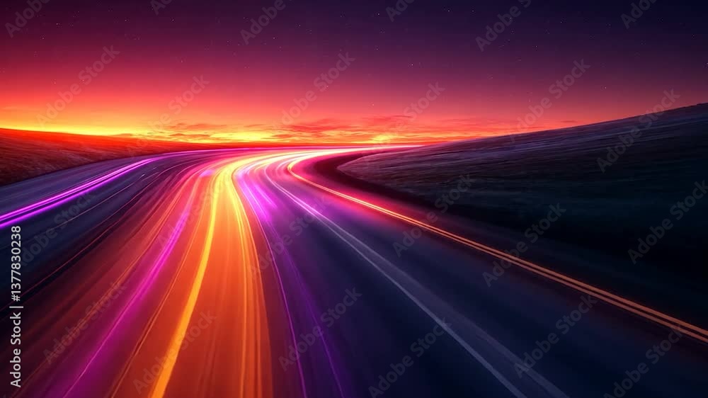 Vibrant sunset streaks across a winding road at night Vibrant sunset streaks across a winding road at night