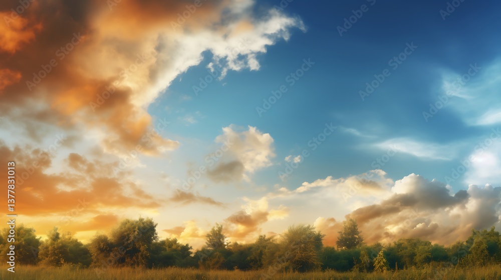 Sunset Sky Over Lush Green Trees And Grassland Sunset Sky Over Lush Green Trees And Grassland