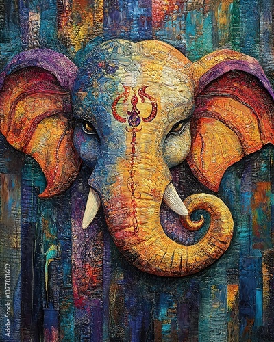 An artistic colorful painting of an elephant with expressive features