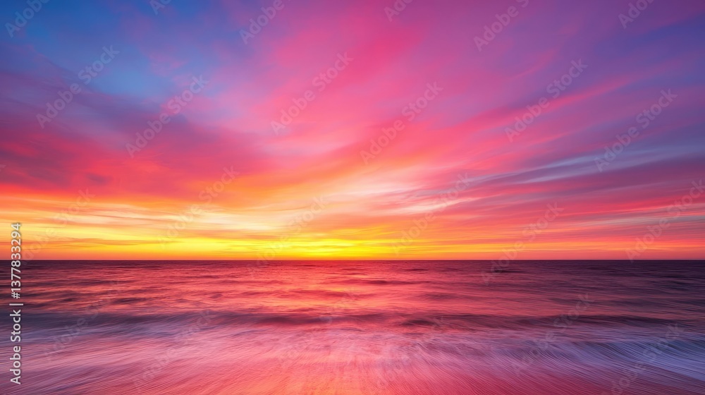 Fototapeta premium Sunset over the ocean scenic view with vibrant sky and dramatic dusk concept. Vibrant sunset over the ocean with stunning cloud formations.