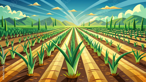 Rows of young leek on a farm on a sunny day. Growing organic vegetables. Eco-friendly products. Agriculture and farming. Plantation cultivation. Ukraine, Kherson region. Selective