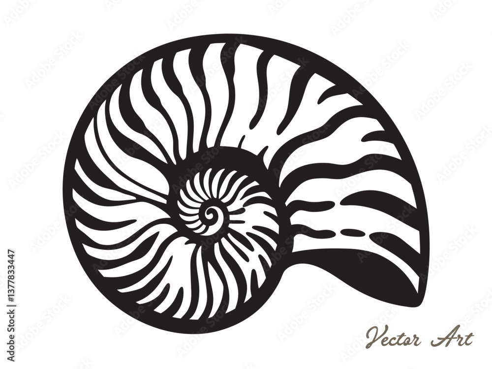 Nautilus sea shell or spiral round snail shell vector silhouette on white background Nautilus sea shell or spiral round snail shell vector silhouette on white background