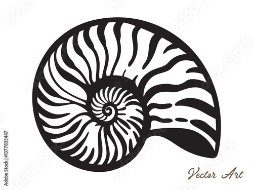 Nautilus sea shell or spiral round snail shell vector silhouette on white background