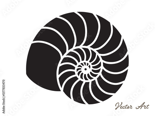 Nautilus sea shell or spiral round snail shell vector silhouette on white background