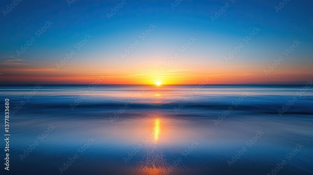 Fototapeta premium Sunset over the ocean scenic view with vibrant sky and dramatic dusk concept. Breathtaking sunset over calm ocean waves reflecting vibrant colors.