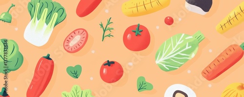 Colorful assortment of vegetables on orange background