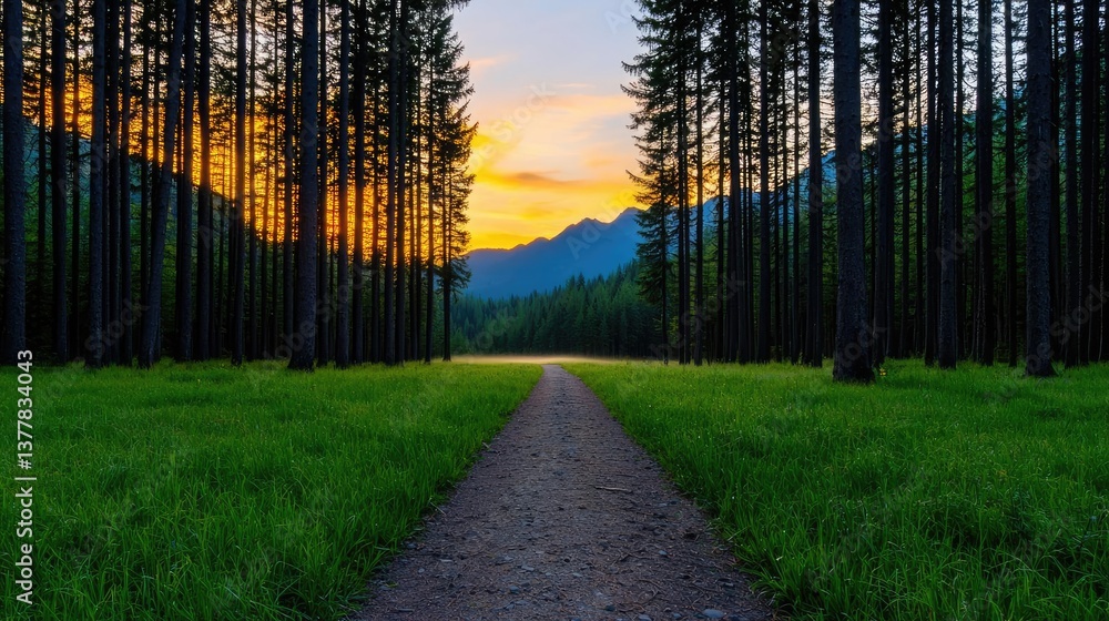 Fototapeta premium Pine forest sunset sky painted in radiant colors over peaceful meadow concept. Scenic forest path leading to majestic mountains at sunset.