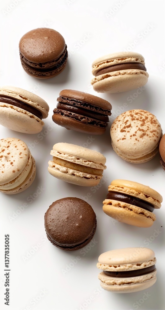 Fototapeta premium A photograph of several macarons in different shades and shapes, arranged on the left side against