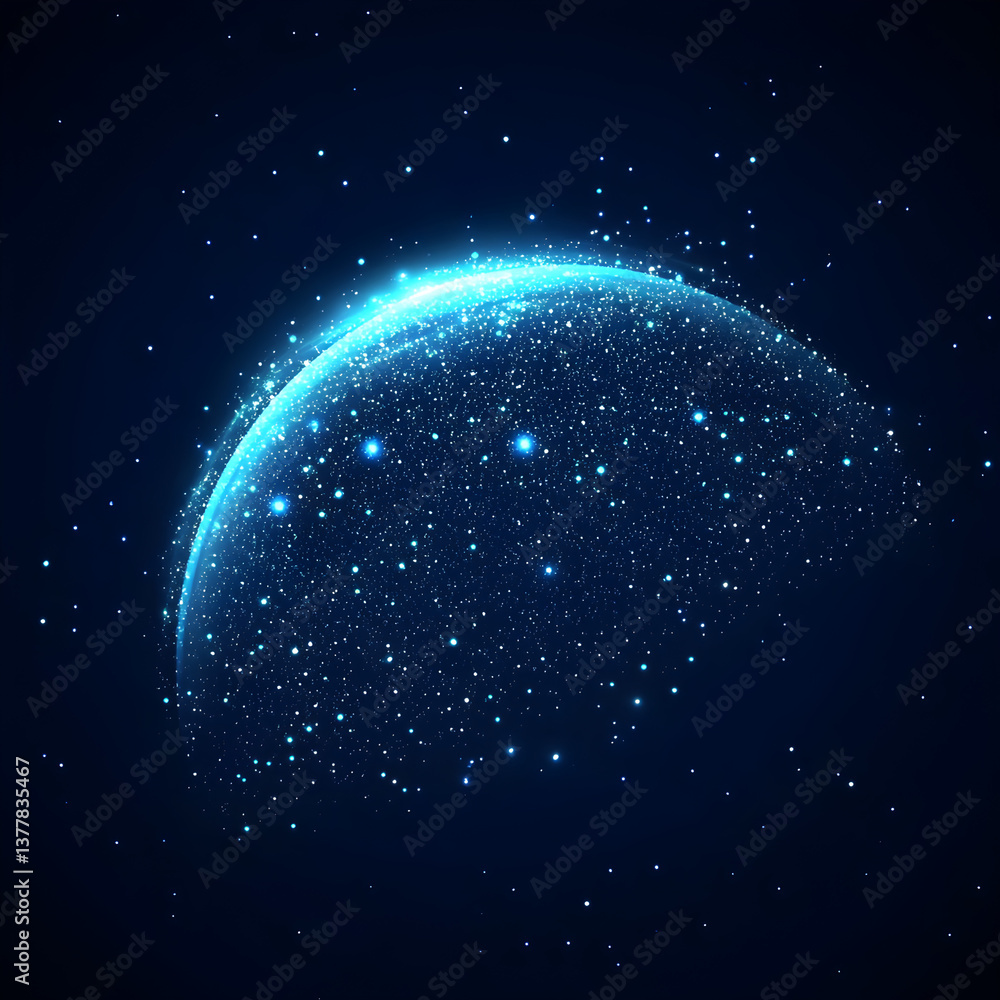 Obraz premium A blue gradient background with stars and the Earth glowing in white light, glowing particles, blue tones, space, sci-fi, vector graphics, high resolution, simple design, minimalist style, circular sh