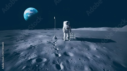 Astronaut Walking on the Moon Surface with a Stunning Lunar Landscape in the Background, Capturing the Historic Moment of Space Exploration and the Incredible Details of the Moon's Cratered Terrain,