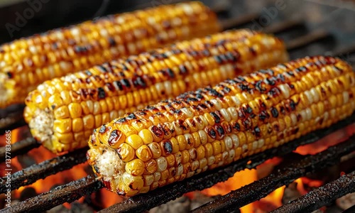 Grilled corn on the cob showcases vibrant yellow kernels with charred edges, resting on a grill, exuding a delicious aroma.