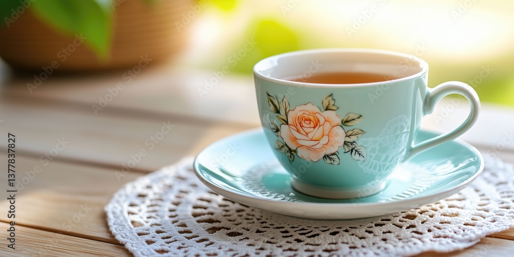Fototapeta premium Floral teacup with rose design on doily on sunlit wooden table