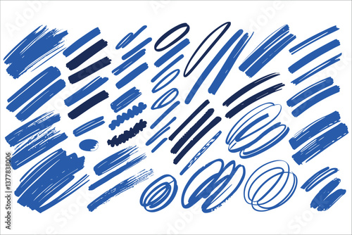 Set of grunge blue brush strokes and hand-drawn shapes vector. Abstract blue brush stroke and scribble elements vector. Blue paint brush strokes and circles vector design