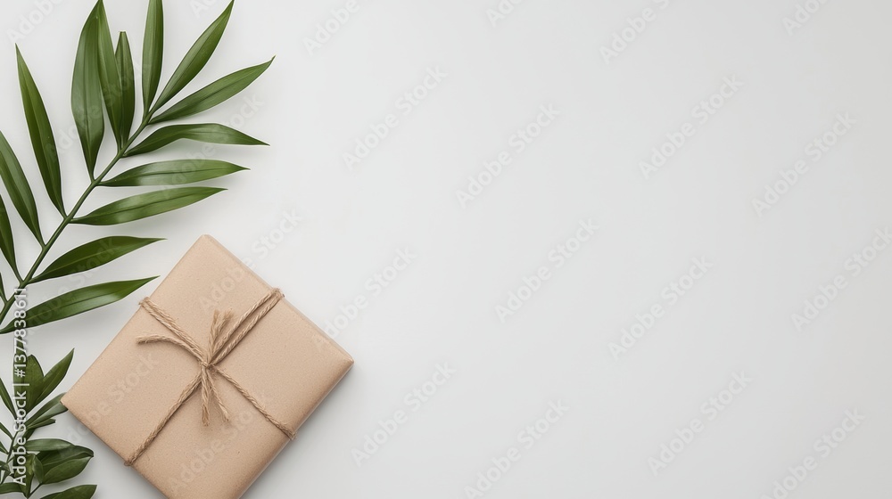 Minimalist eco-friendly gift wrap with green leaves on white background Minimalist eco-friendly gift wrap with green leaves on white background