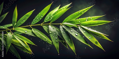 Vintage Bamboo Leaves Water Droplets Black Background - High Resolution Stock Photo