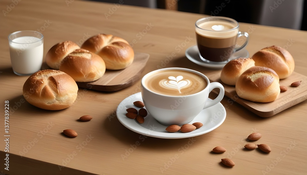 A still life photograph features a cup of coffee, several bread rolls, and scattered almonds on a wooden surface A still life photograph features a cup of coffee, several bread rolls, and scattered almonds on a wooden surface