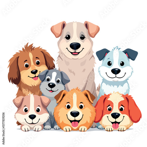 Group of happy cartoon dogs posing together