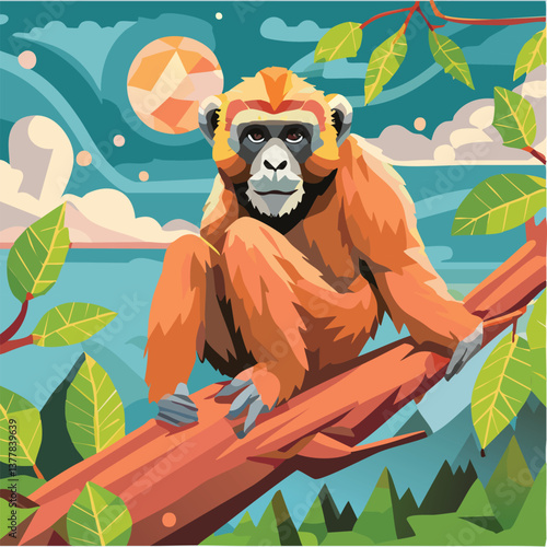 Gibbon in a Breathtaking Natural Landscape, vector illustration