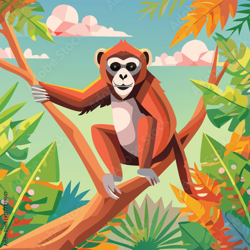 Gibbon in a Breathtaking Natural Landscape, vector illustration