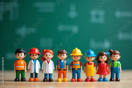 Wooden Figurines Representing Different Professions: Construction Workers, Doctors, and Office Workers
