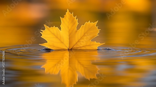 Golden Maple Leaf Floating Calmly On Water