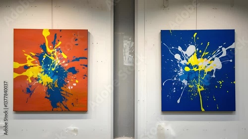 Two Abstract Texture Art Paintings on Canvas Hanging on a White Wall, Featuring Modern and Contemporary Design with Artistic Brushstrokes and Elegant Home Decor Aesthetics	
