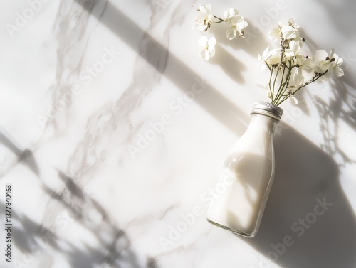 White flowers in a minimalist bottle bask in natural light, casting gentle shadows across a cool marble surface, conveying an atmosphere of purity and refined taste. 