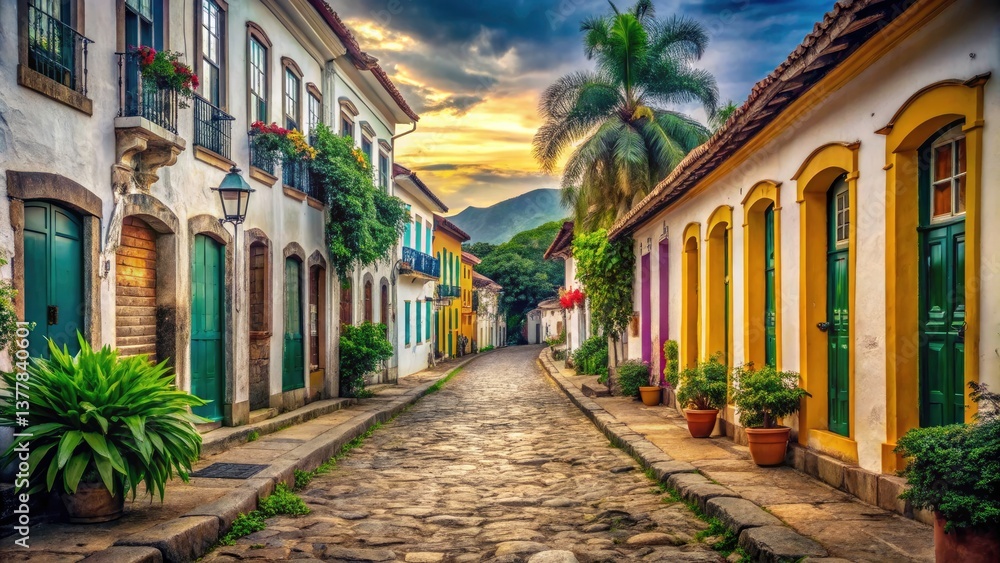 Fototapeta premium Vintage Paraty Streets: Brazilian Colonial Charm, Historic Architecture, Cobblestone Roads, Retro Photography, Travel Brazil
