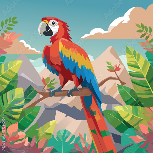 Macaw in a Breathtaking Natural Landscape, vector illustration