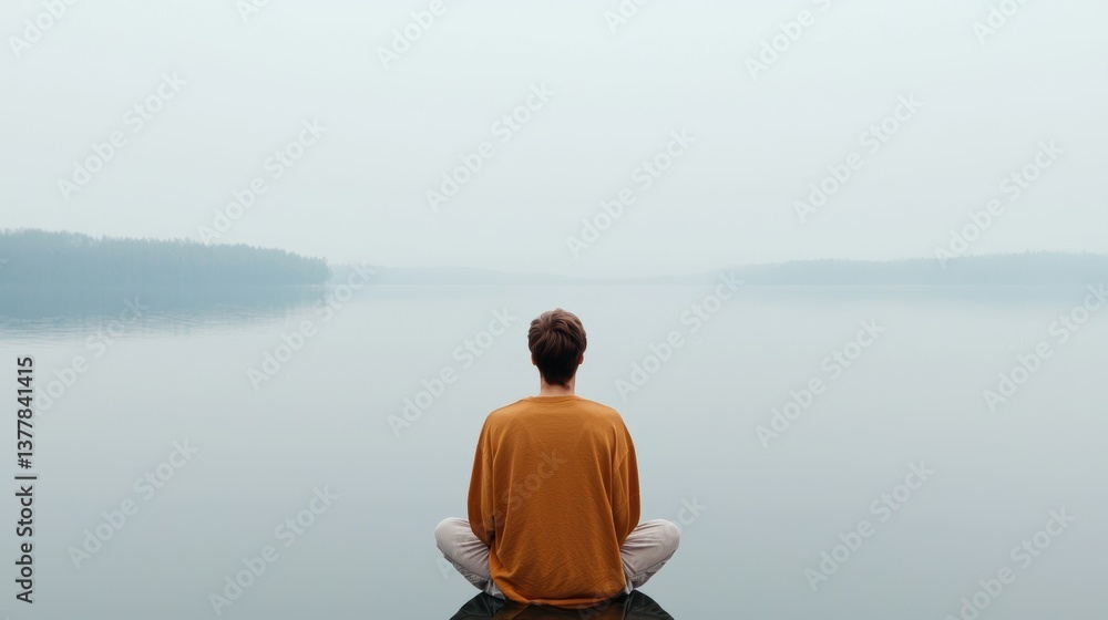 Fototapeta premium Solitary reflection: young caucasian male meditates by misty lake