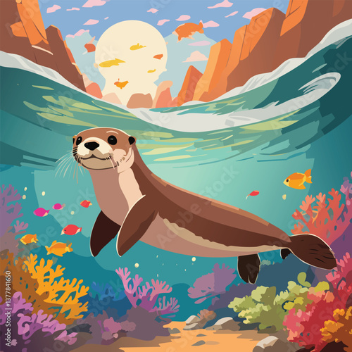 Sea Otter in a Breathtaking Natural Landscape, vector illustration