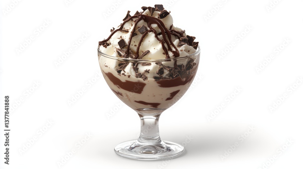 Delicious chocolate sundae with vanilla ice cream and dark chocolate shavings Delicious chocolate sundae with vanilla ice cream and dark chocolate shavings