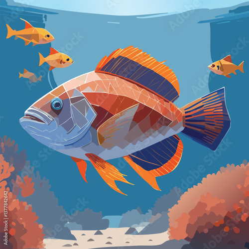 Oscar Fish in a Breathtaking Natural Landscape, vector illustration