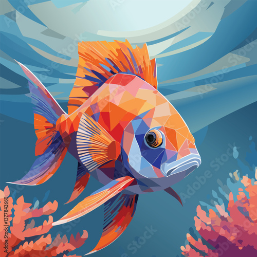 Oscar Fish in a Breathtaking Natural Landscape, vector illustration