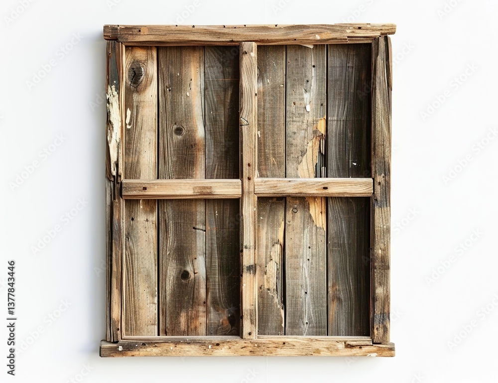 An old, rustic wooden window frame against a white background, in a flat lay composition. An old, rustic wooden window frame against a white background, in a flat lay composition.
