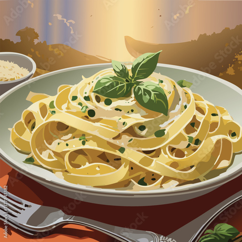 Fettuccine Alfredo with Rich Flavors and a Tempting Aroma, vector illustration