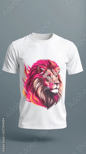 Colorful lion graphic t-shirt design against a gray background  