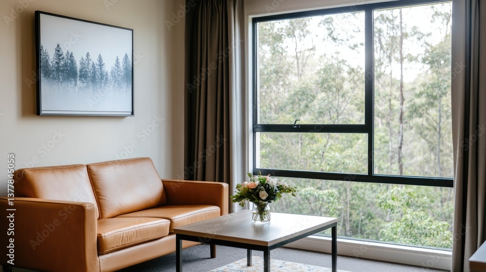 This tranquil space features large windows showcasing lush trees and a warm, minimalistic aesthetic with stylish furnishings This tranquil space features large windows showcasing lush trees and a warm, minimalistic aesthetic with stylish furnishings