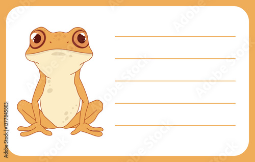Cartoon frog with large eyes on a bordered card with blank lines for writing information or a short note.