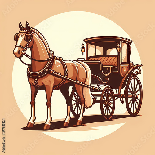 Flat vector illustration of a classic horse-drawn carriage with clean geometric design and warm elegant tones, representing vintage travel, historical transport, and royal tradition in art