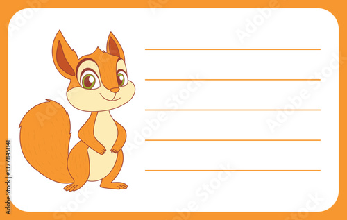 A cute cartoon squirrel stands next to lines for writing on a yellow-bordered white rectangular area.
